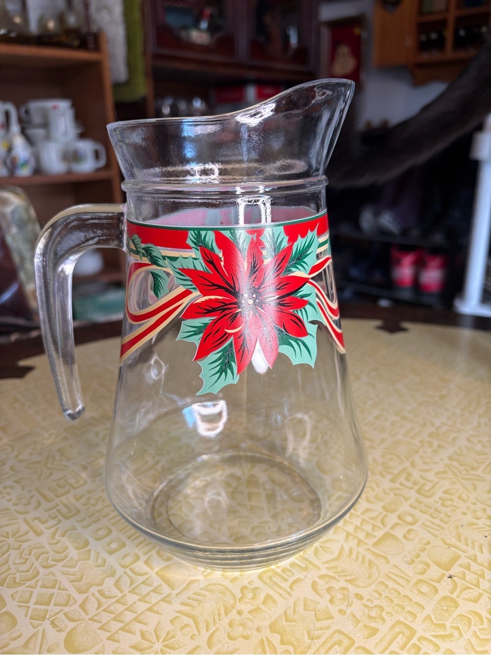 Vintage Holiday Poinsettia Glass Pitcher - Red Green Festive Design